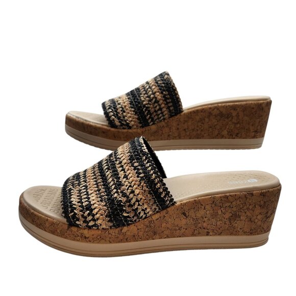 BZees Women's 8.5W Runaway Raffia Sandal Black Multi Cork Wedge Slides NIB - Picture 1 of 7